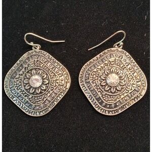 Vintage Style Silver Tone Tooled Square Medallion Earrings Clear Rhinestone Boho